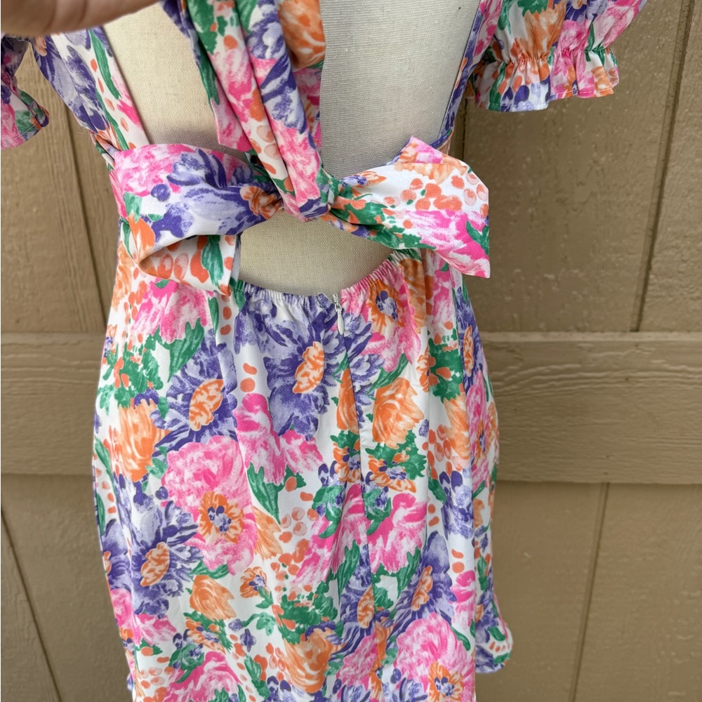 ZC Multicolor Floral Puff Sleeve Open Back Short Dress Sweetheart Neck (L) - Picture 5 of 13